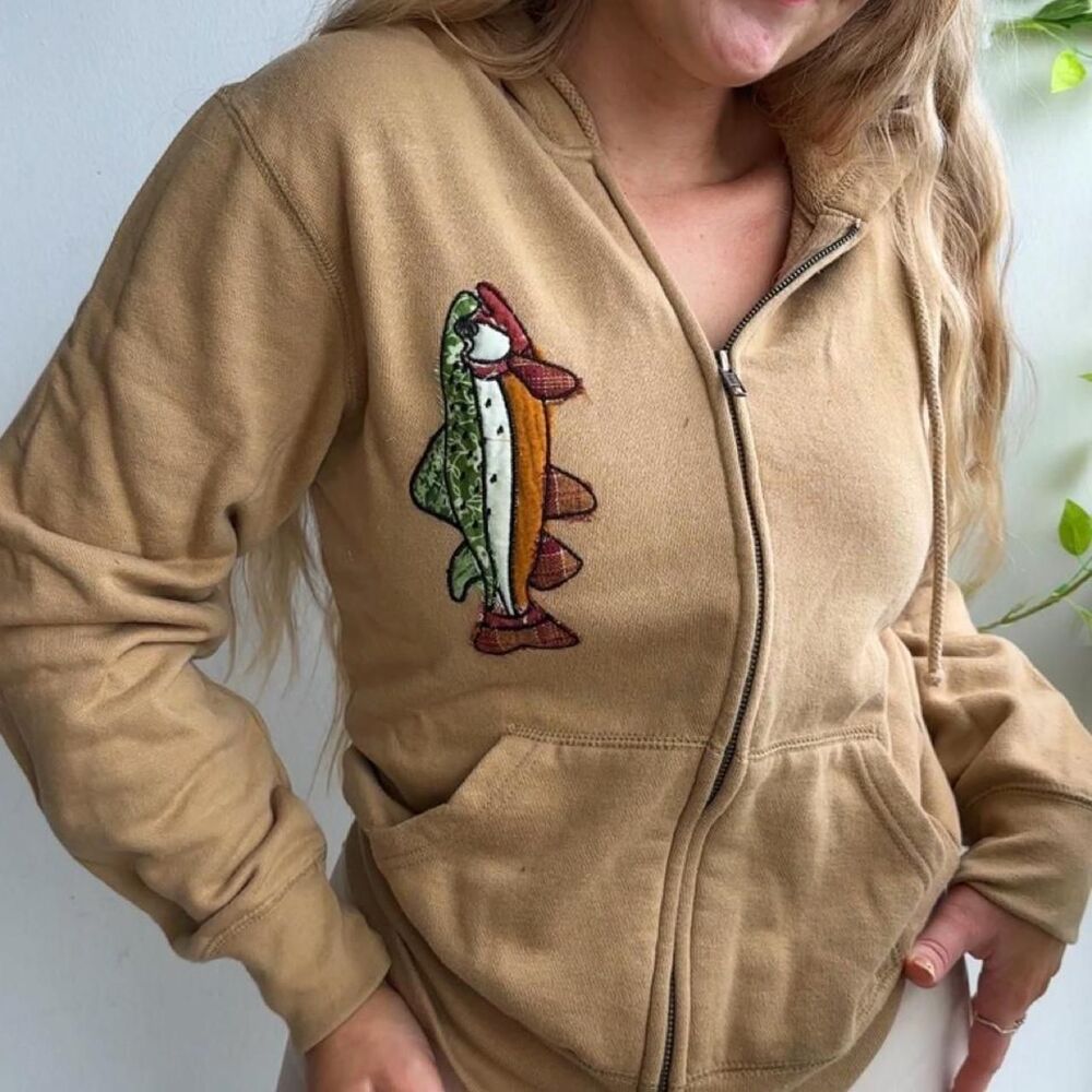 NWT Tan zip up hoodie with front & back embroidered fish patchwork graphic